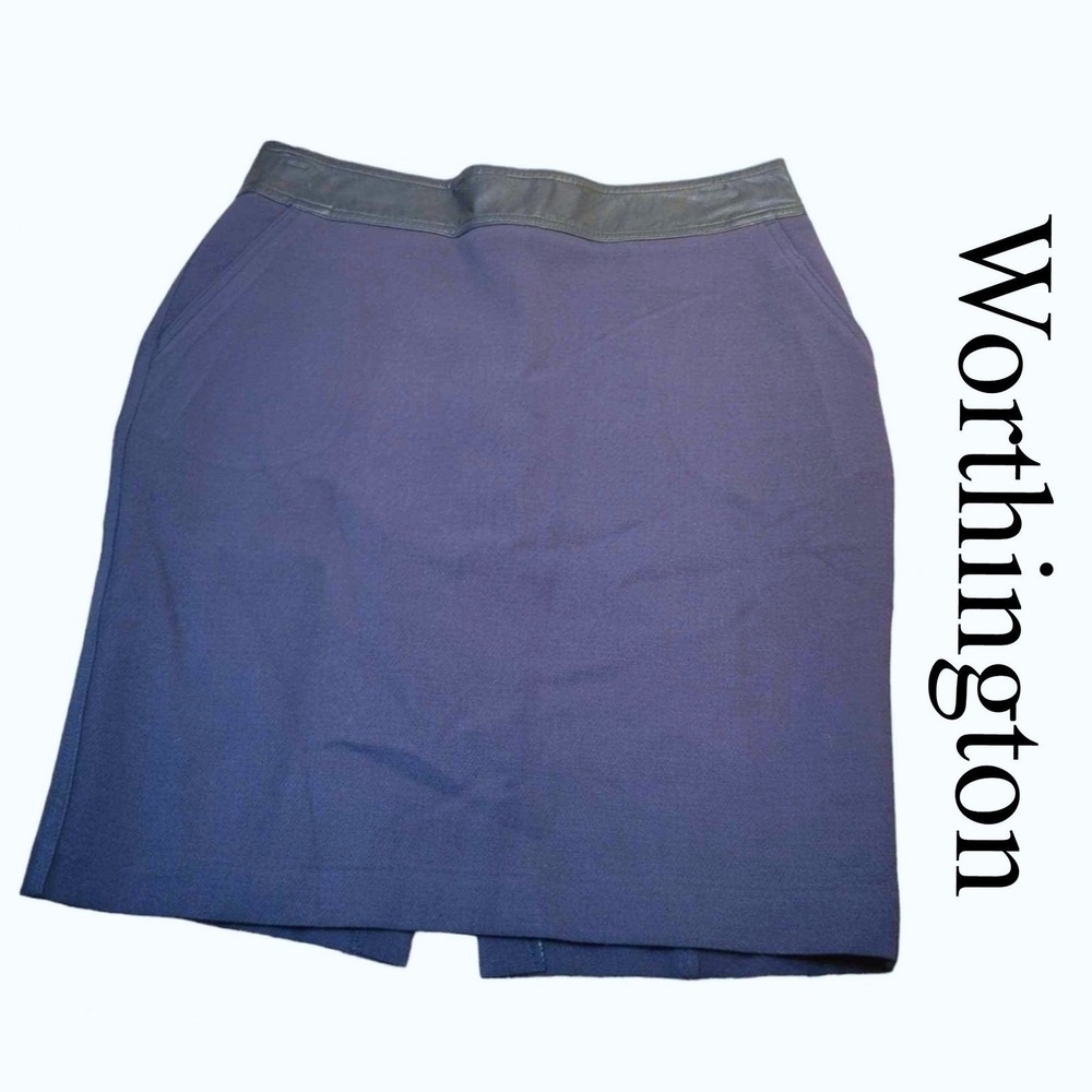 Worthington Navy Blue Pencil Skirt Faux Leather Waistband Pockets Size 8